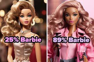 On the left, a Barbie doll wearing lots of jewelry and a gown labeled 25 percent Barbie, and on the right, a Barbie wearing a bomber jacket, button down shirt and jeans labeled 89 percent Barbie