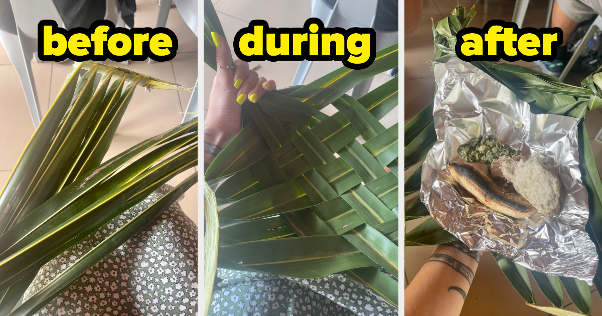 &quot;Before,&quot; &quot;during,&quot; and &quot;after&quot; images of weaving coconut tree leaves