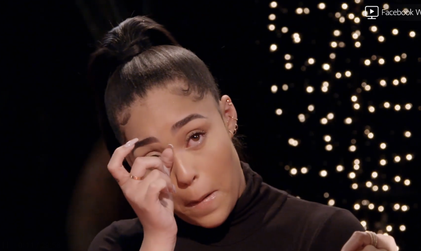 Closeup of Jordyn Woods crying