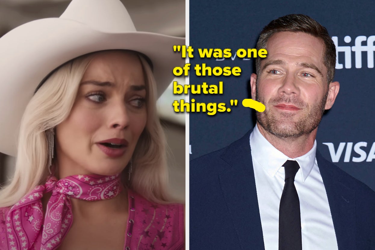 Margot Robbie gives a side eye in a Barbie cowboy costume vs Luke Macfarlane smiles as he looks to the right on the red carpet