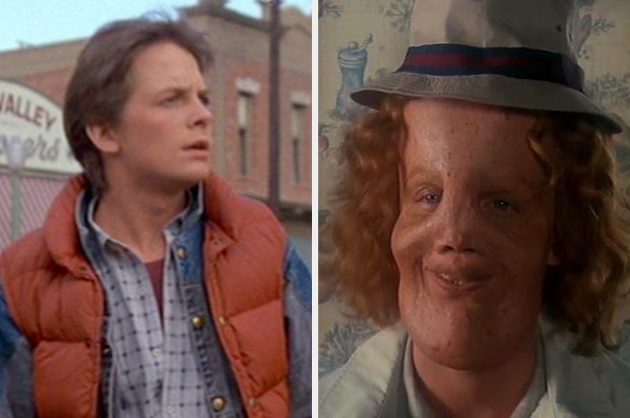 Side-by-side of Michael J. Fox as Marty McFly, and Eric Stoltz as Rocky in &quot;Mask&quot;