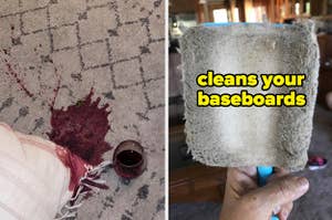 area rug with red wine spilled on it, baseboard cleaner covered in dust