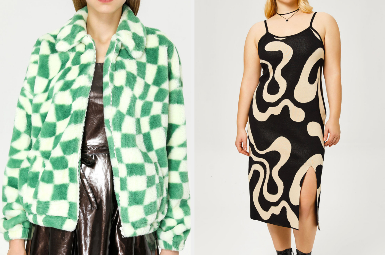 A wavy checkered print jacket and an illusionist wavy dress