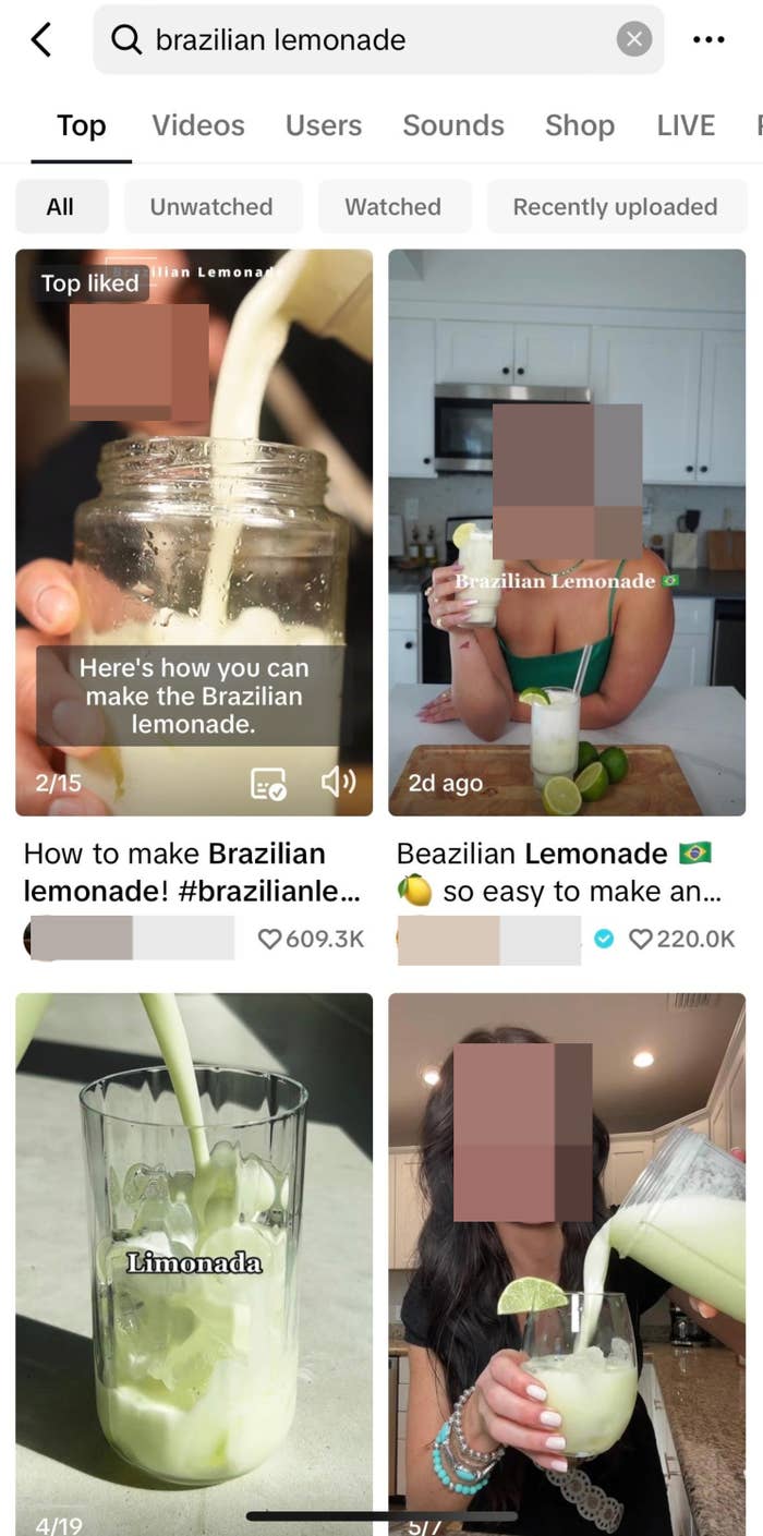 multiple videos of brazilian lemonade on tiktok
