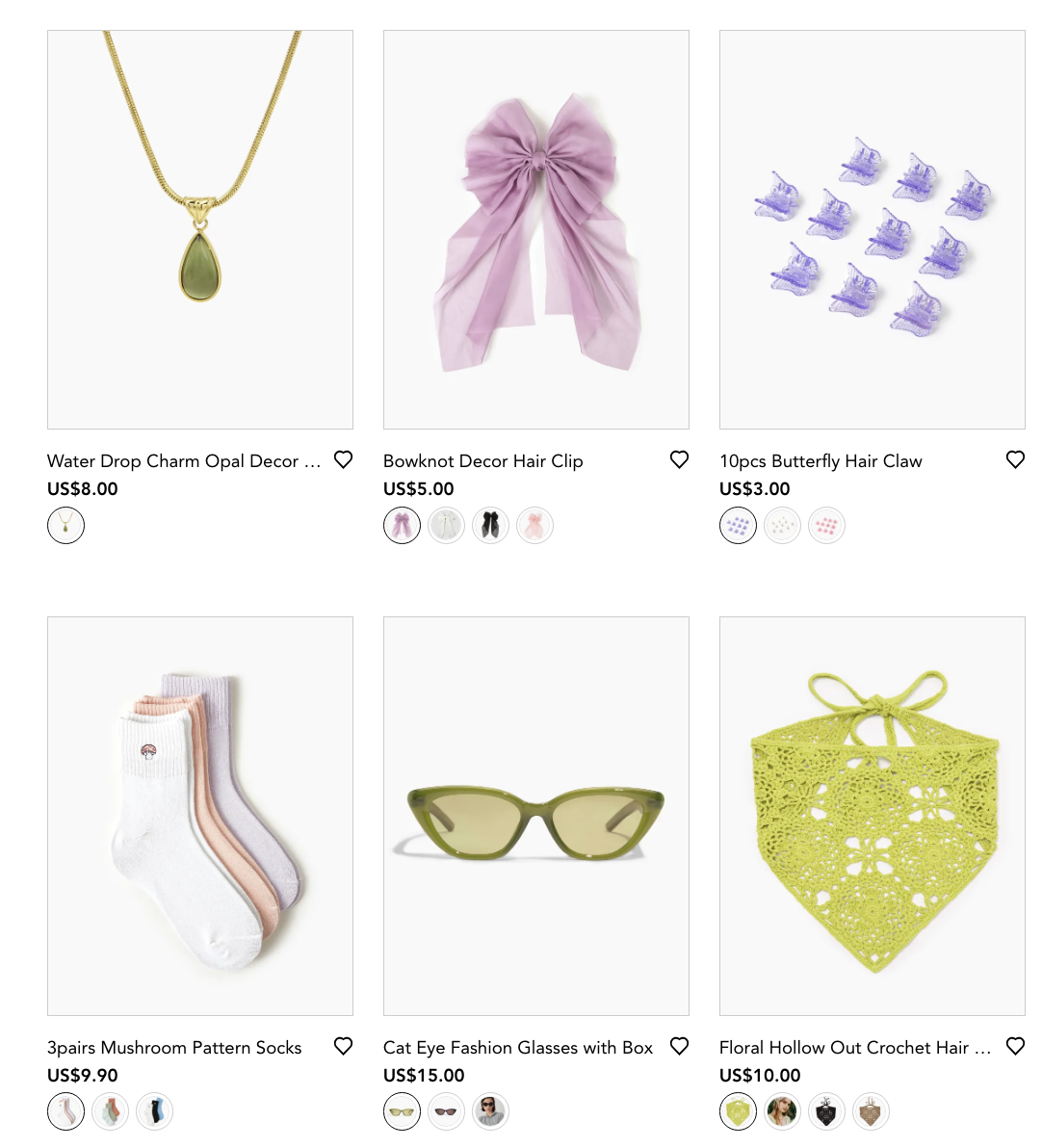 Lavender and green accessories like bows, jewelry, and sunglasses from Cider