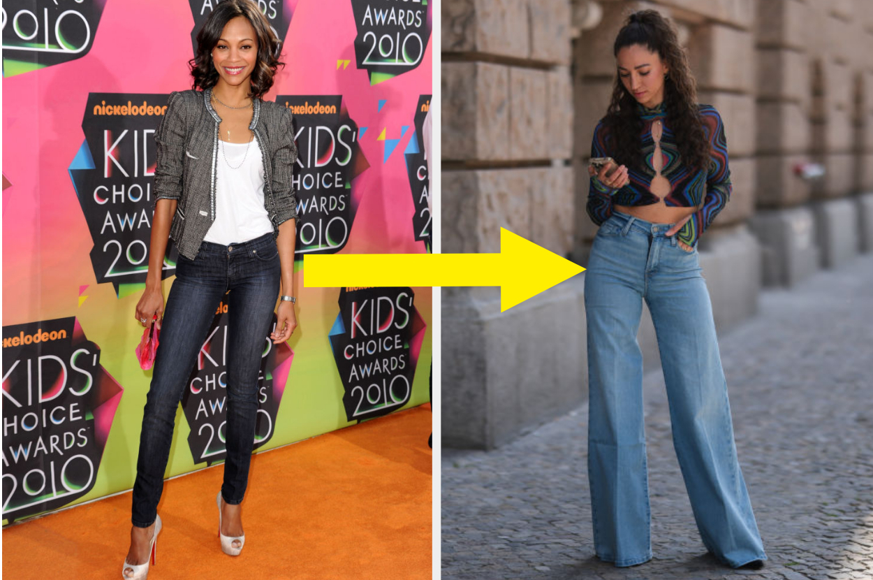 Zoe Saldana wearing skinny jeans at the 2010 Kids&#x27; Choice Awards and a fashion person wearing wide leg jeans at fashion week 2022