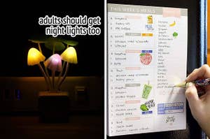 mushroom night light with text "adults should get night lights too" and a meal planning pad