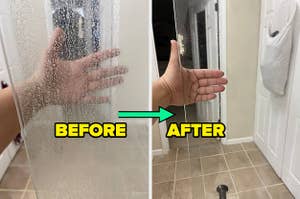 on left: hard-water stains on shower door. on right: same shower door with less hard-water stains after using hard water stain remover
