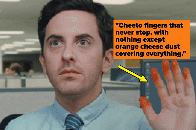 Man with cheeto on his fingers with caption "cheeto fingers that never stop, with nothing except orange cheese dust covering everything"
