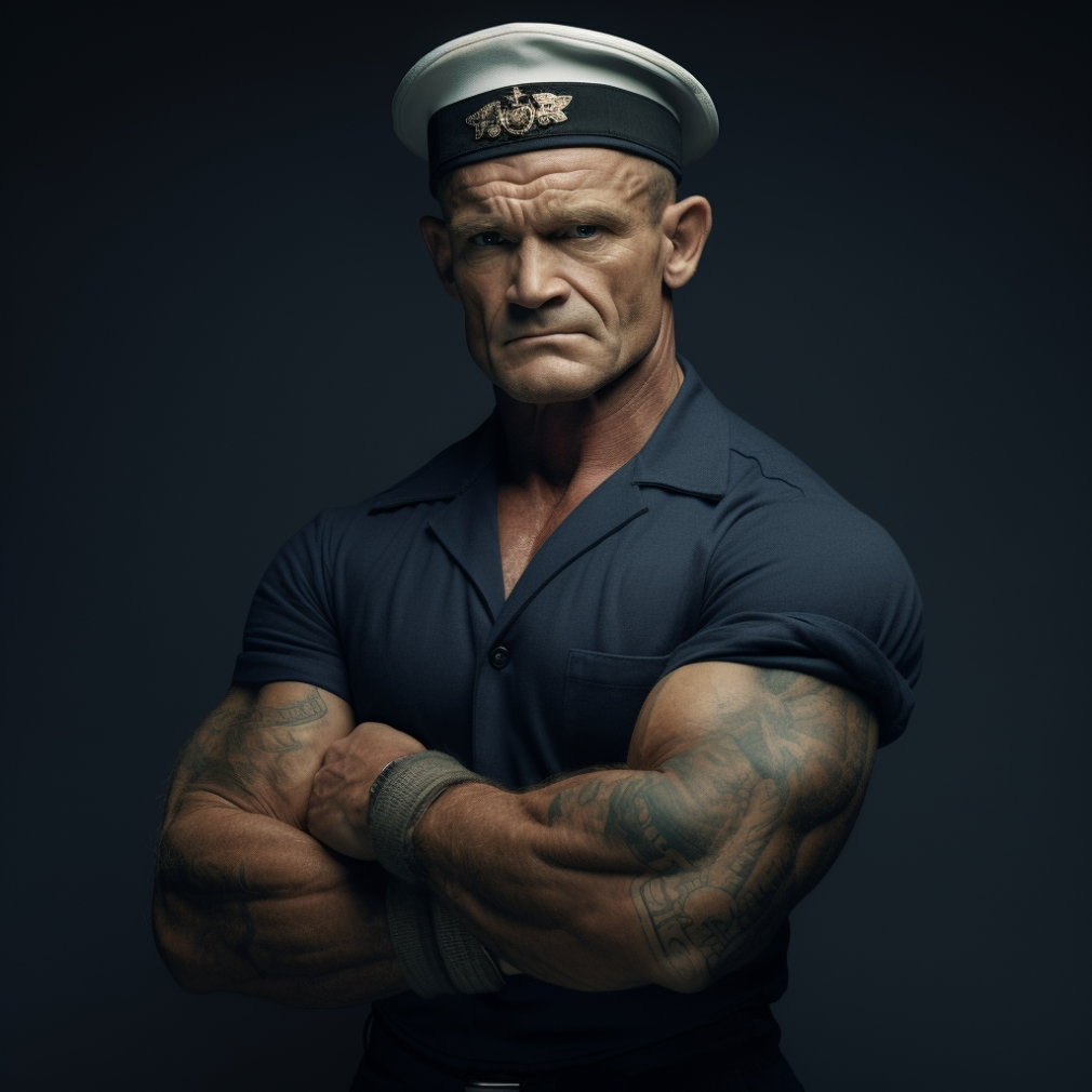 A muscly man in a sailor&#x27;s uniform