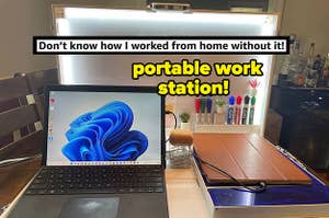 Reviewer's portable Worky station with words "Don't know how I worked from home without it!" and "portable work station!"