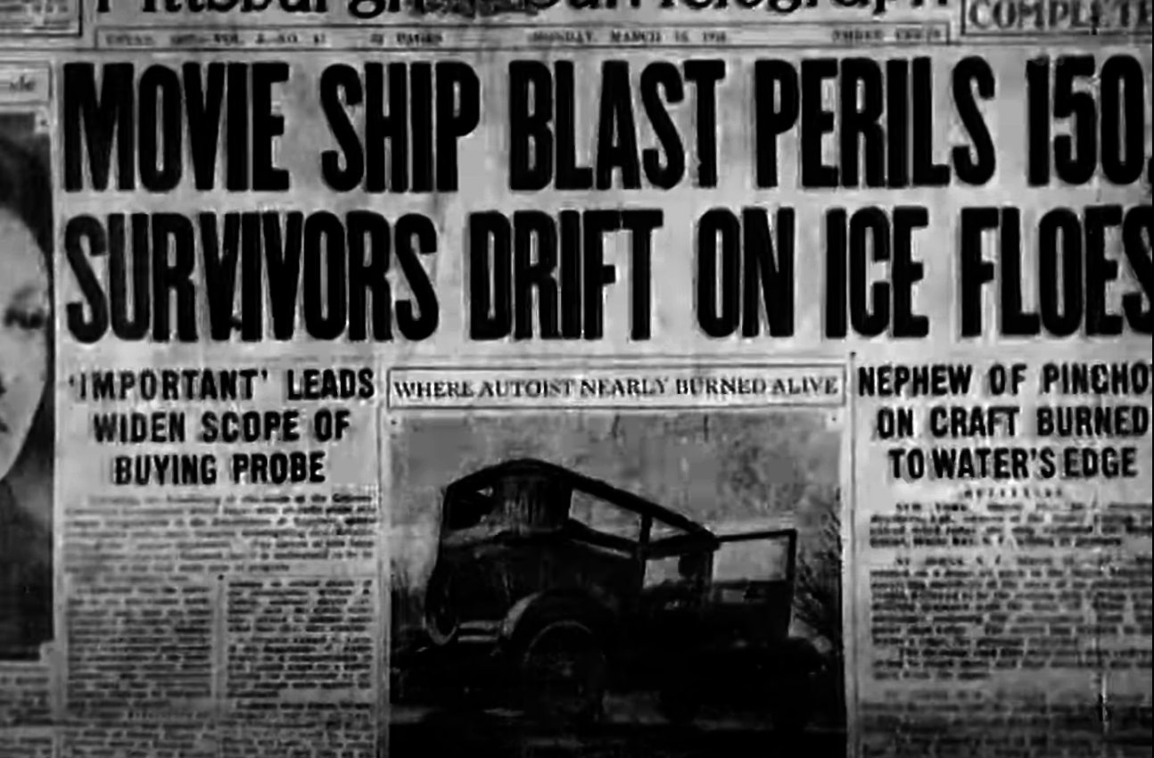 newspaper headline reading movie ship blast perils