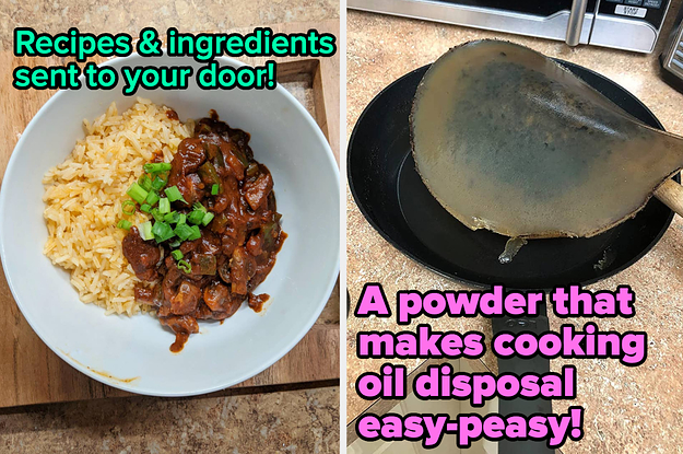 L: a reviewer photo of a rice bowl and text reading "Recipes & ingredients sent to your door!", R: a reviewer photo of a congealed mass in a pan with text reading "A powder that makes cooking oil disposal easy-peasy!