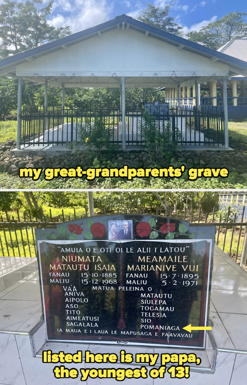 Front yard containing an edifice with raised platforms and a plaque with names on it, along with the caption &quot;my great-grandparents&#x27; grave&quot; and &quot;listed here is my papa, the youngest of 13!&quot;