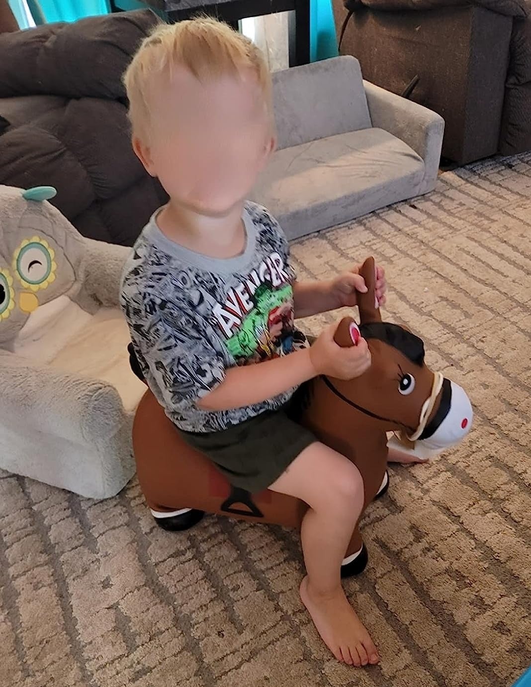 Child sits on a horse bouncer