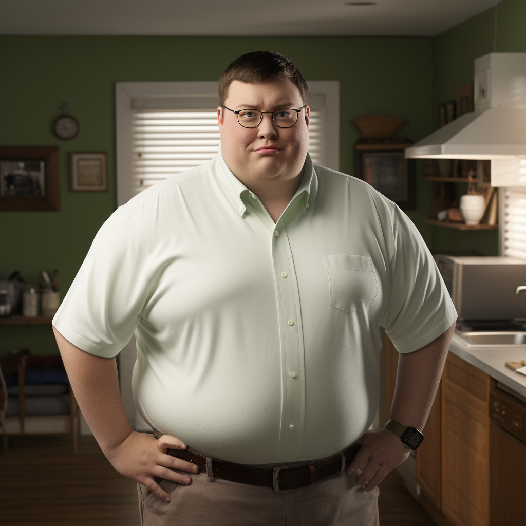 A human version of Peter Griffin in his kitchen