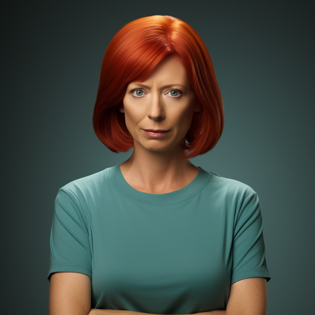 Lois as a human with orange hair and a teal shirt