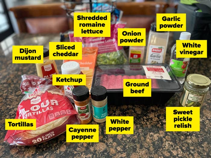 Ingredients for Big Mac tacos on a counter