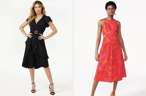 on left: model in black short sleeve v-neck ruffle dress with belt design. on right: model in sleeveless orange and pink-printed midi dress with cutout design