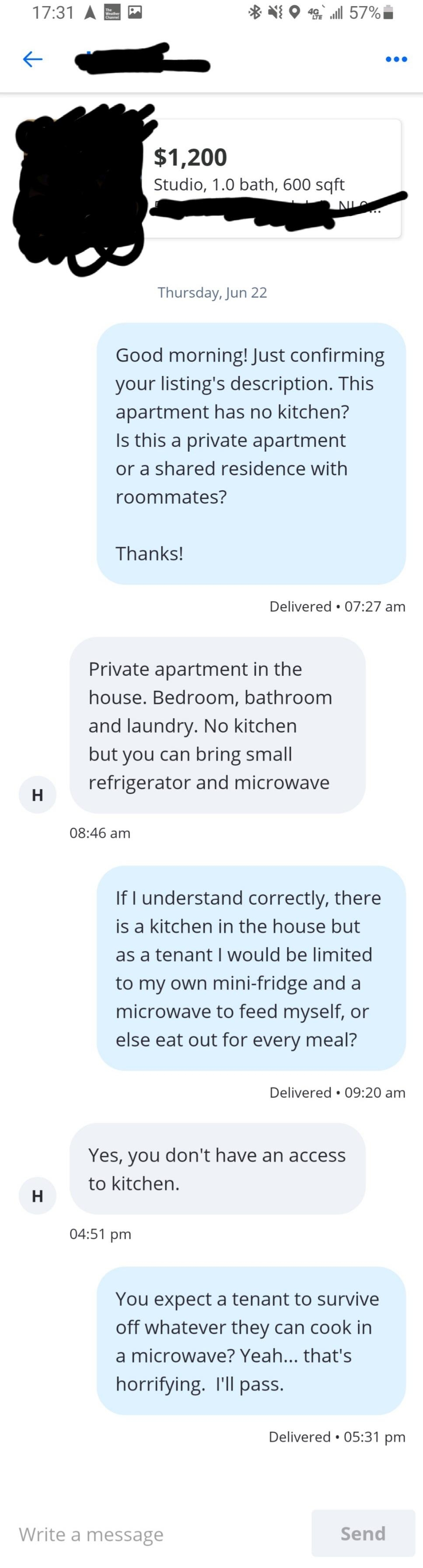 &quot;No kitchen but you can bring a small refrigerator and microwave.&quot;