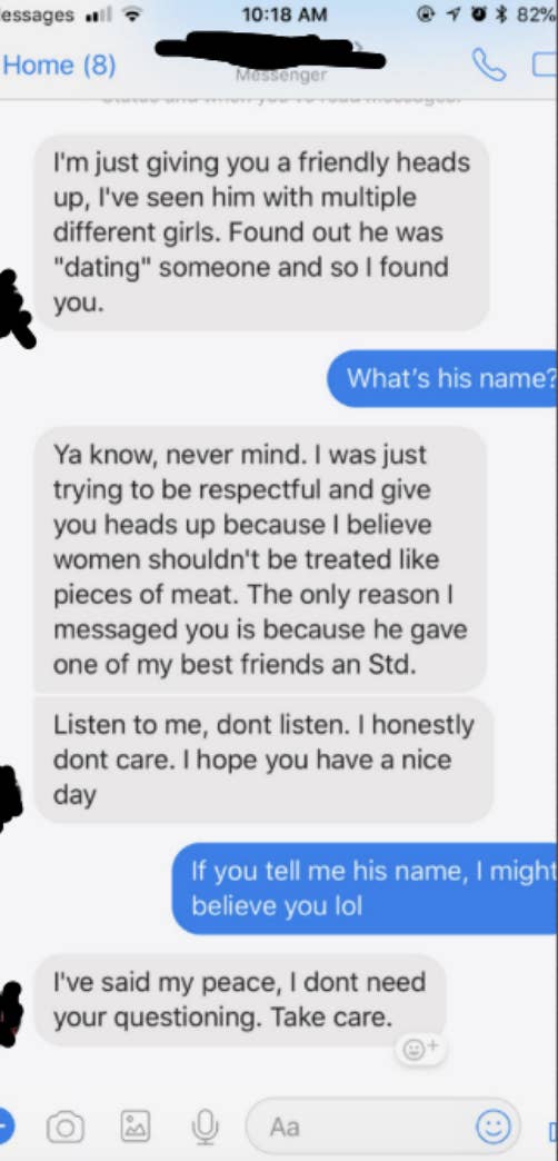 A man warns a woman that her boyfriend is cheating on her, and when she asks him to tell her the name of her boyfriend, he gets defensive and starts deflecting