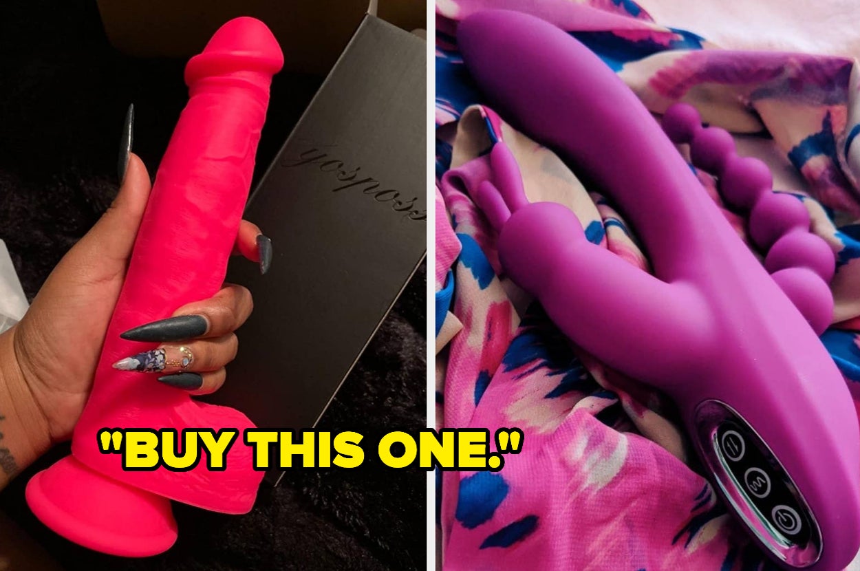 Hand holding pink realistic dildo and pink triple-stimulating vibrator on scarf