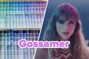 Taylor Swift in her Lavender Haze music video and paint swatches.