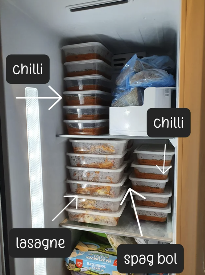 Meal prepped food in a freezer