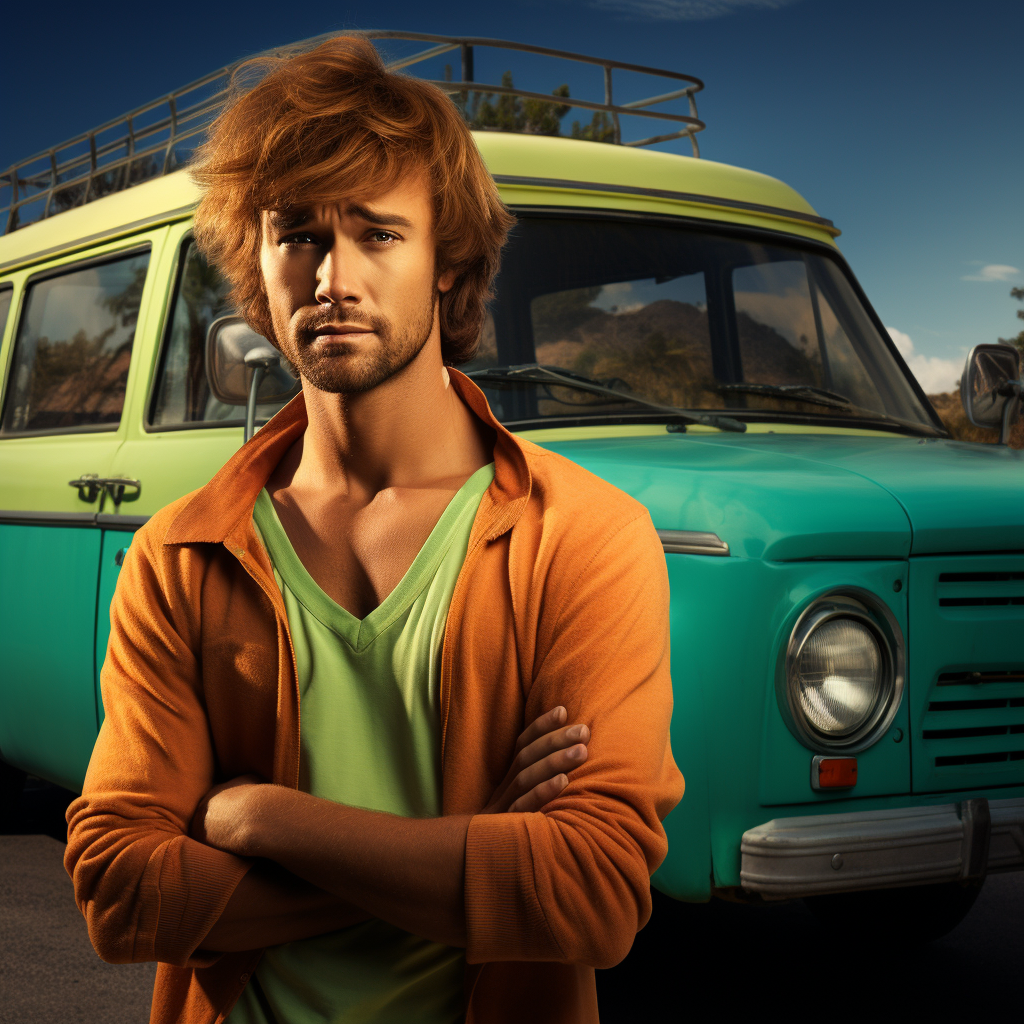 Shaggy in front of the Mystery Machine
