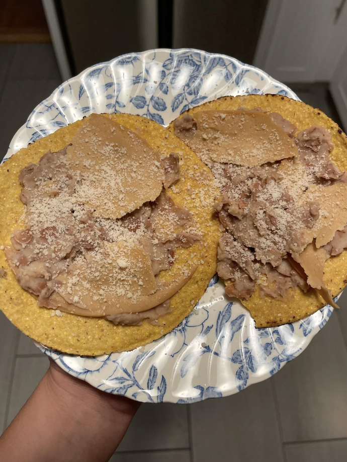 Tostadas with refried beans and tofurky