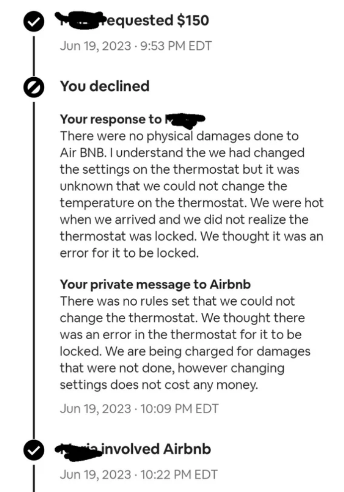 A conversation that shows an Airbnb host tried to charge $150 for touching the thermostat, which the person rejected and said they were never told the thermostat was off limits