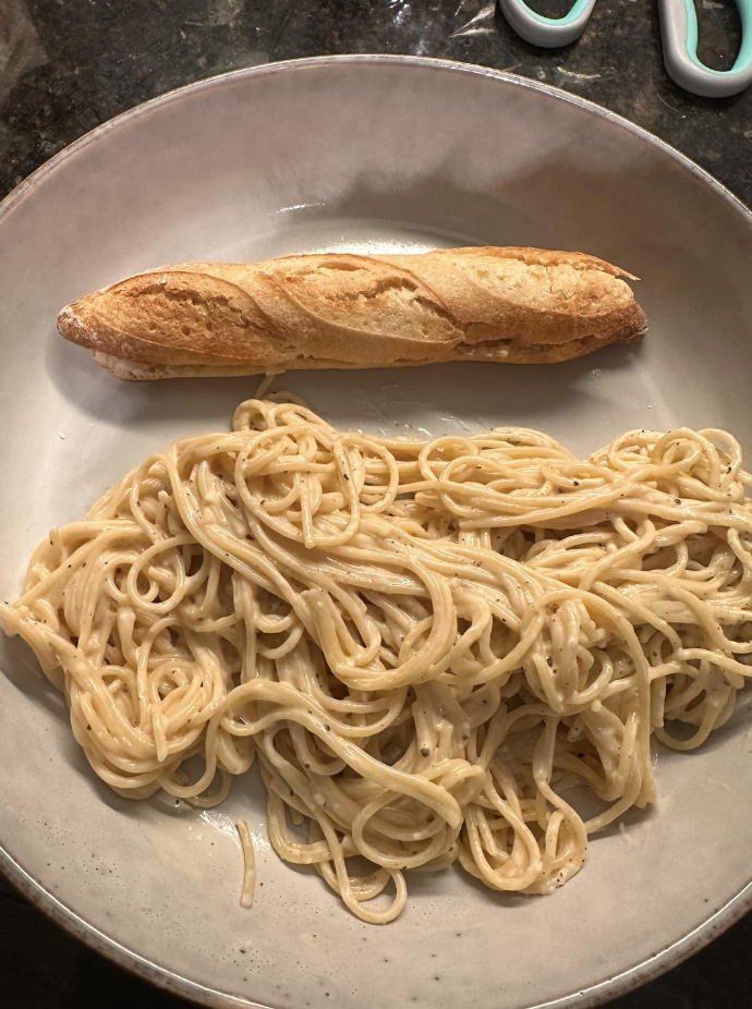 A piece of bread and pasta