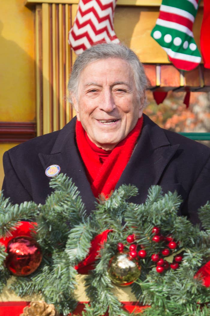 Close-up of Tony surrounded by Christmas wreaths and other holiday decor