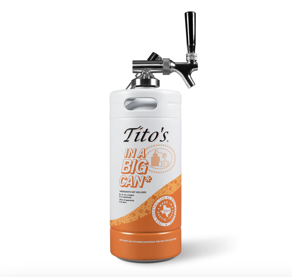 a mini keg that says Titos in a can