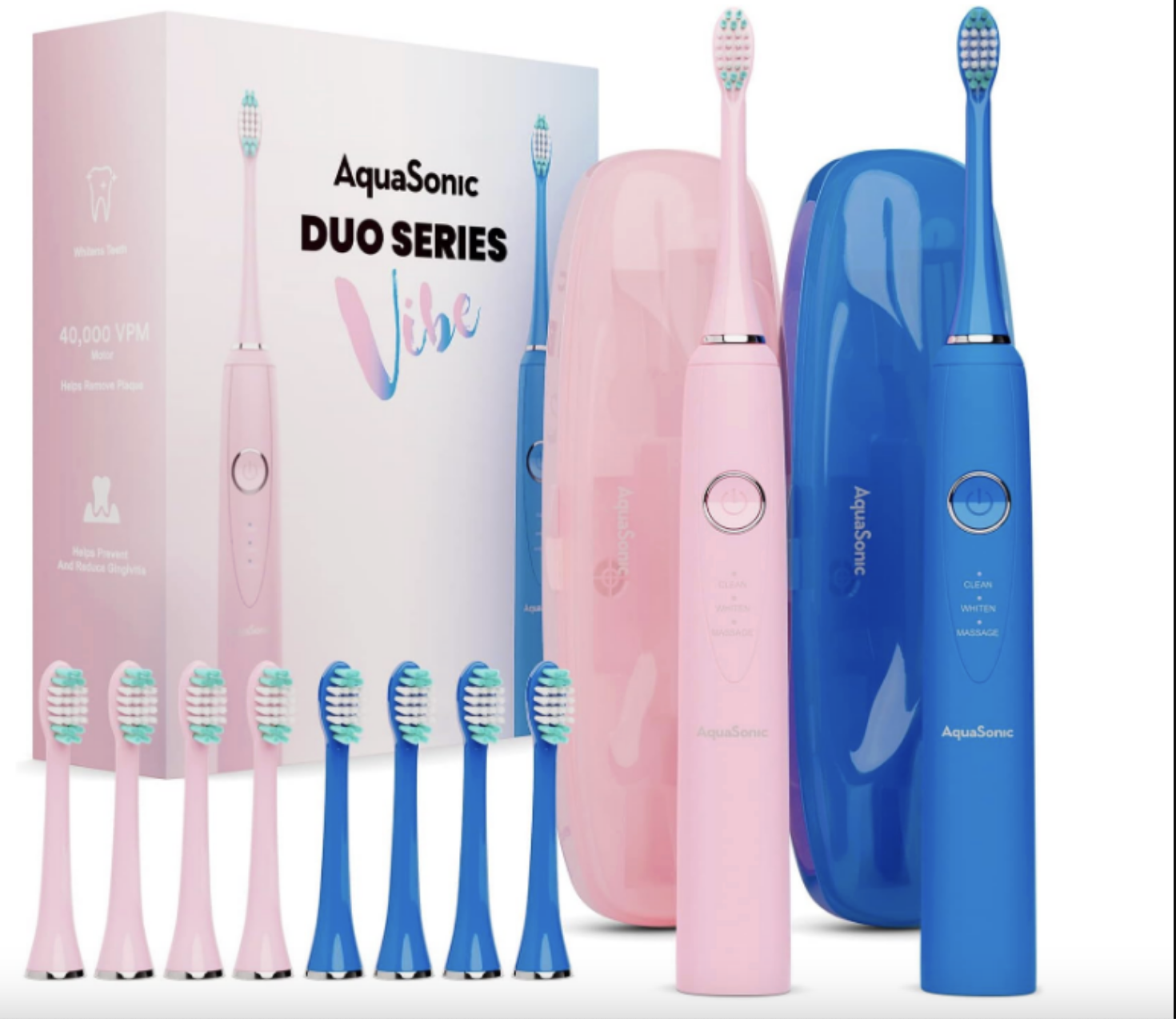 a pink electronic toothbrush next to a blue electric toothbrush