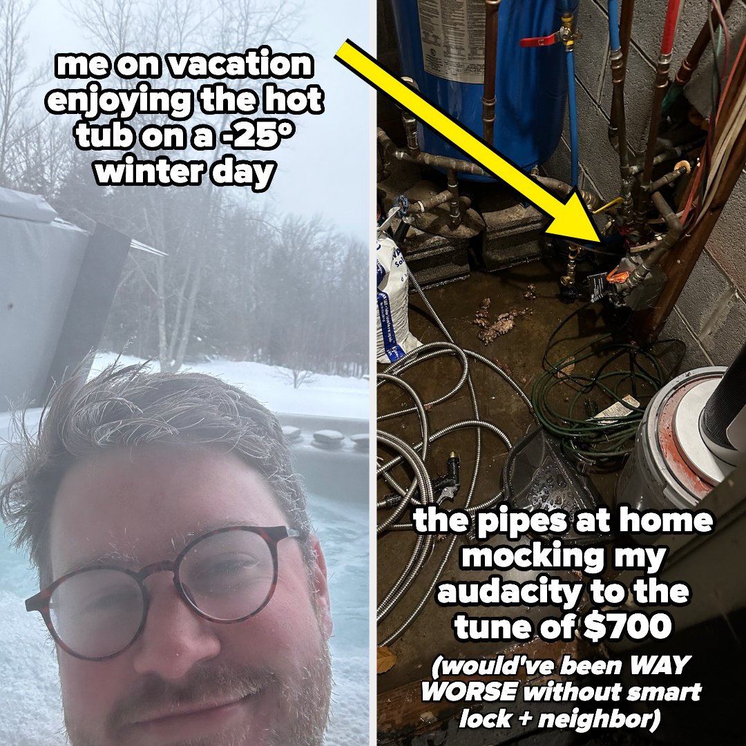 author on vacation in the hot tub on a cold day with frozen hair next to a photo of a flooded room at home from a burst pipe