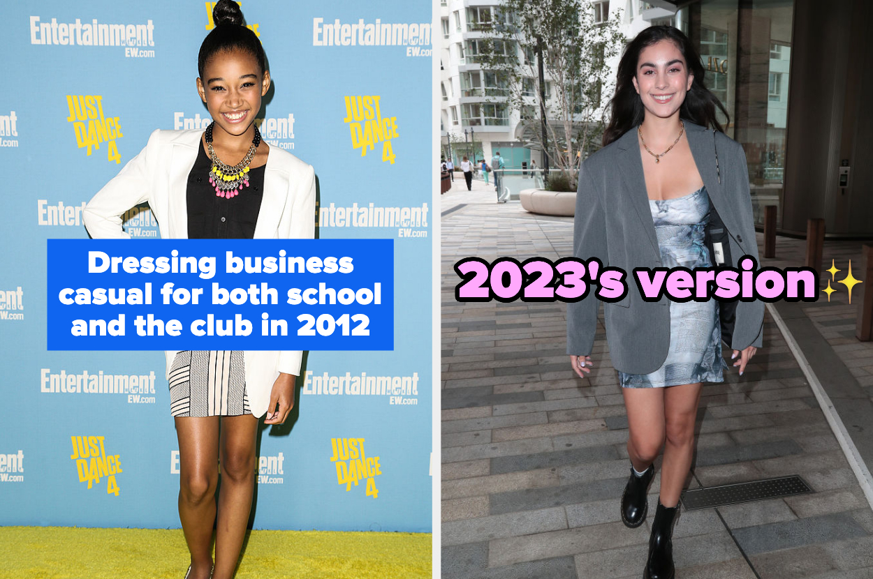 Amandla Stenberg in 2012 in a sock bun, statement necklace, and blazer, and a fashion influencer in a blazer and mini dress in 2023