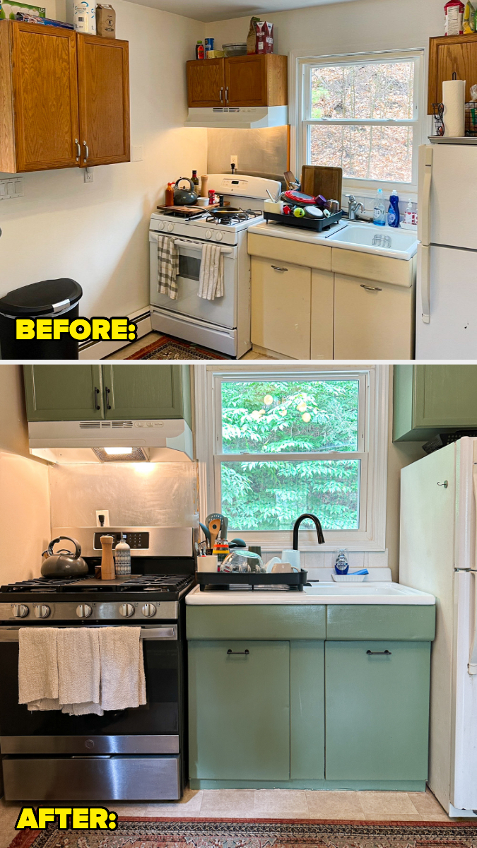before and after of wood-look cabinets painted with a sage green paint