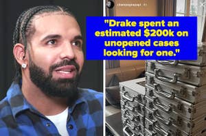 drake; a stack of briefcases full of cards