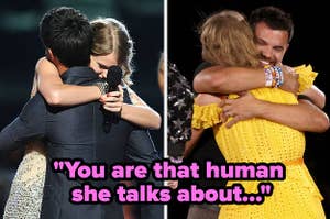 Taylor Swift and Taylor Lautner hugging then and now with the quote you are that human she talks about from his wife Tay Lautner