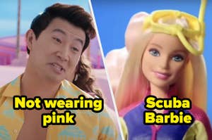 Ken wearing yellow and Barbie as a Scuba doll.
