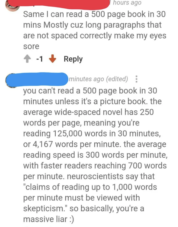 Someone claims they can read a 500-page book in 30 minutes, and a person replies with math and stats showing how impossible that is