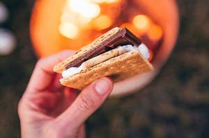 a hand holding a s'more over a campfire
