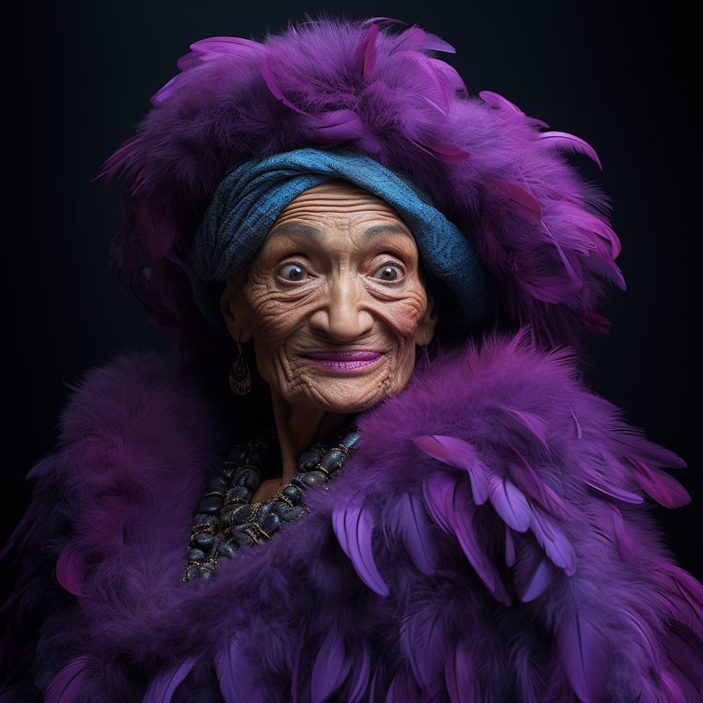 An elderly Peruvian woman with a purple feather boa