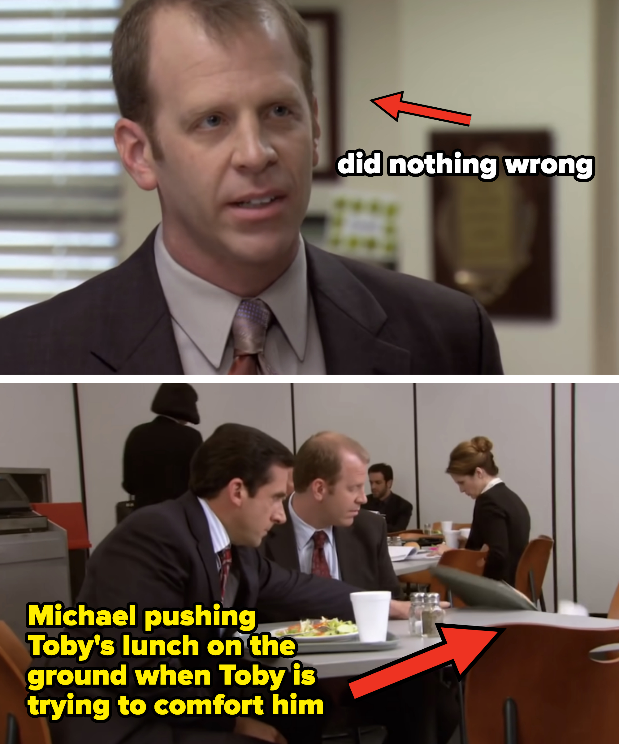 michael pushing toby's lunch on the ground