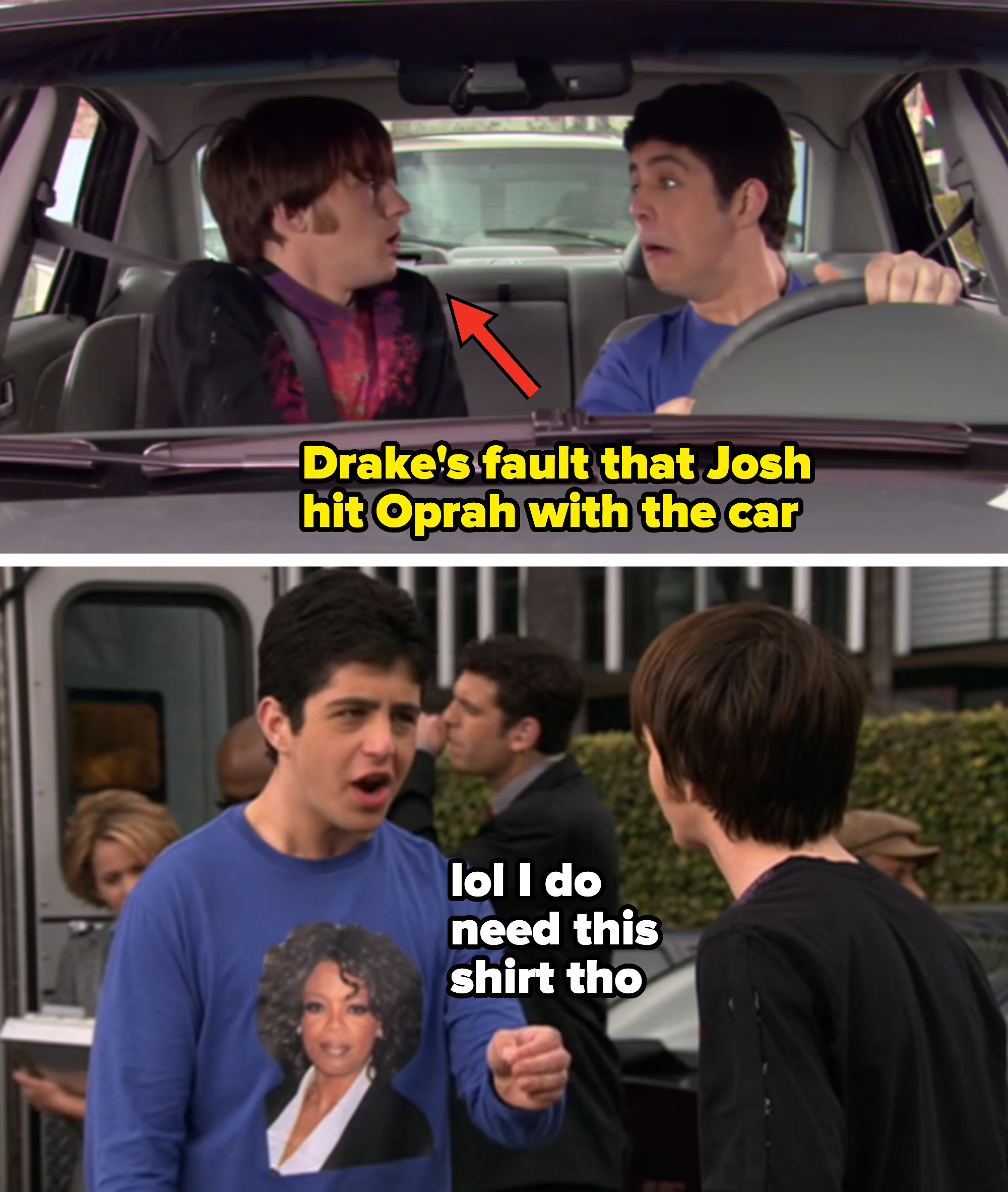 arrow pointing at drake with text, drake's fault that josh hit oprah with the car
