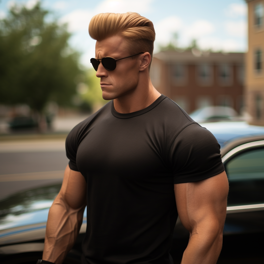 A buff man in a black shirt with blonde hair