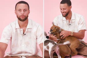 Steph Curry sits on the ground vs Steph Curry sits on the ground and plays with puppies