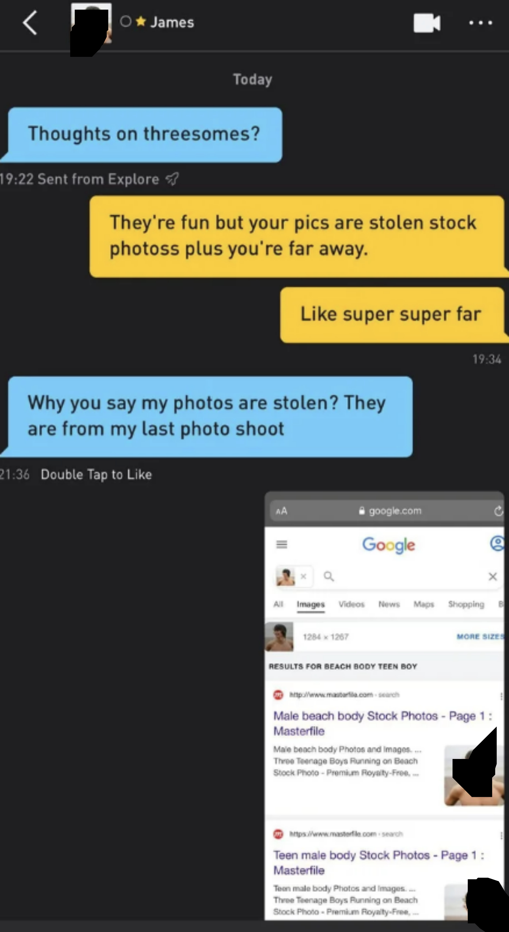 On a dating app, one person accuses the other of using stock photos, they ask why they would claim that, and then get a screenshot of their photos from a stock website