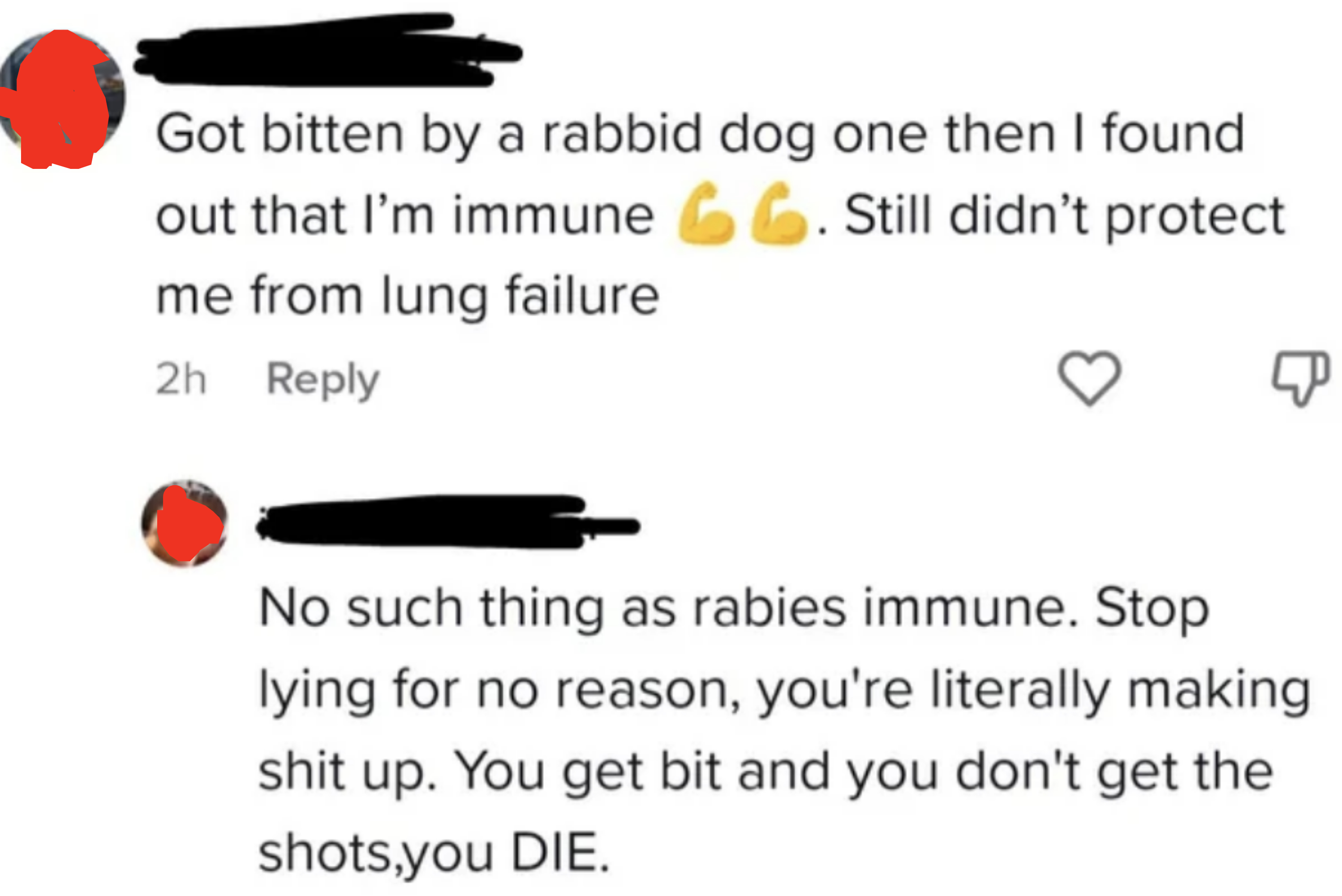 Someone claims they were bitten by a rabid dog but they&#x27;re immune to rabies, and someone else replies there&#x27;s no such thing as rabies immunity